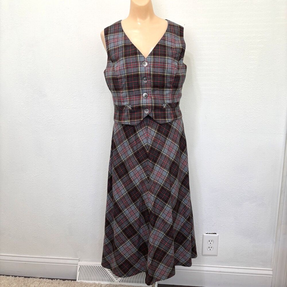 Womens Vintage Tartan Plaid Midi Skirt Vest Set Small Handmade 70s Retro Cottage
